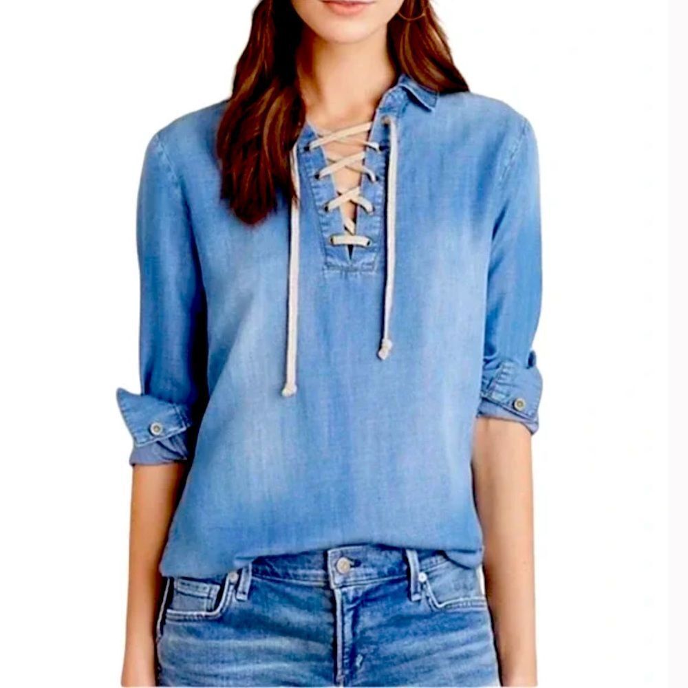 Anthropologie Cloth & Stone Chambray Lace Up Denim Top Size XS